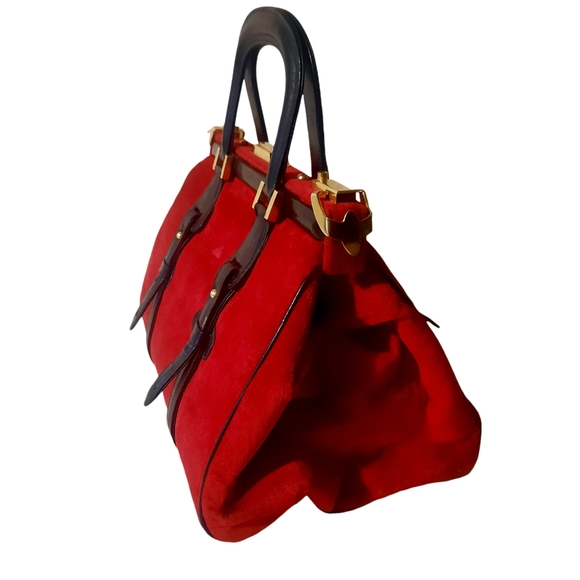 CESARE PICCINI Vintage Velvet Satchel w/ Leather Trim Red/Blk Gold HW - Picture 8 of 13